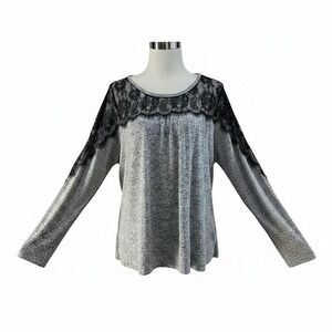 Leighton Flirty Stretchy Blouse‎ Large Grey Black Lace Trim Long Sleeve Top Sexy
